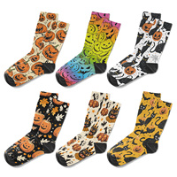 Lot de six paires de chaussettes en polyester à sublimation sur le thème d'Halloween, motif citrouille de dessin animé effrayant, chaussettes mi-mollet pour usage quotidien, prêtes à être expédiées