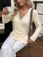 Nouvelle Collection Automne/Hiver 2026 : Haut Élégant à Manches Longues pour Femme, Col en V, Dentelle Patchwork Asymétrique et Détails Cloutés