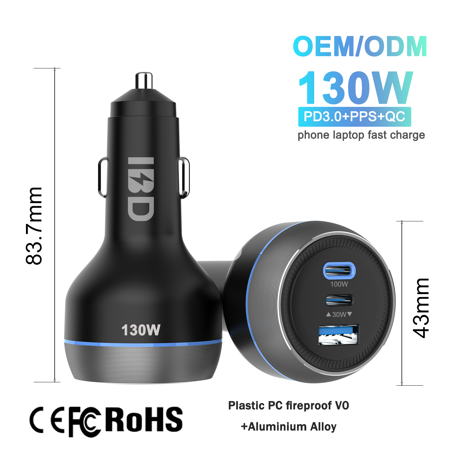 Metal 130W Fast car charger