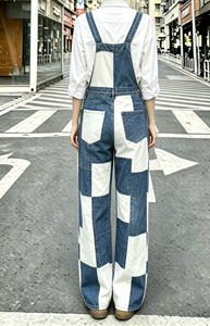 SOONREE Checkerboard Patchwork Denim Overalls Men Blue White Pattern Jumpsuit Streetwear Vintage Bib Overalls <strong>Baggy</strong> <strong>Dungarees</strong> - Product Image 2