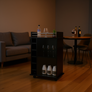 Chariot de bar Huali avec porte en verre noir, deux étagères, ensemble de service pour boissons, design minimaliste - Product Image 2