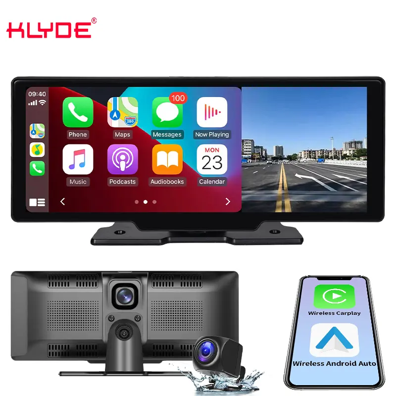 Klyde 10.26 "xách tay Carplay màn hình xe đài phát thanh hiển thị GPS Wifi BT FM Android Auto 2K DVR Cam xe màn hình