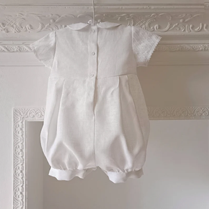 Pelele de <span class=keywords><strong>lino</strong></span> blanco para bebé recién nacido, Pelele <span class=keywords><strong>con</strong></span> cuello de peter <span class=keywords><strong>pan</strong></span>, traje de bautizo recortado <span class=keywords><strong>con</strong></span> encaje - Product Image 6