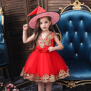 Girls Princess Dress <b>Red</b> <b>Sequined</b> Mesh Halloween Costume A-Line Chiffon Dress for Children Medium Large Size - Product Image 1