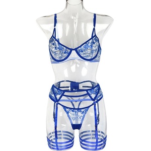 <span class=keywords><strong>Lingerie</strong></span> érotique bleue transparente brodée, soutien-gorge et culotte avec jarretelles noires, <span class=keywords><strong>lingerie</strong></span> sexy pour femmes - Product Image 6