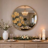 Miroir mural rond en fer doré, miroir décoratif 3D à feuilles florales, miroir mural suspendu pour entrée, salon