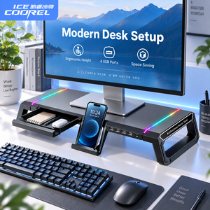Support d'écran d'ordinateur avec 4 ports USB, rehausseur de bureau en aluminium, rangement pour clavier, pour ordinateur portable, PC, bureau - Product Image 1