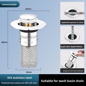 Bonde de lavabo universelle escamotable avec filtre à cheveux en acier inoxydable, à ressort, anti-odeur, design moderne - Product Image 4
