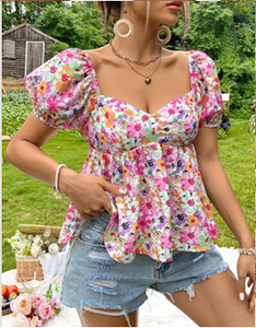 Haut à manches courtes à imprimé floral élégant pour femmes, coupe régulière confortable, décontracté, pour les sorties en club et en soirée - Product Image 2