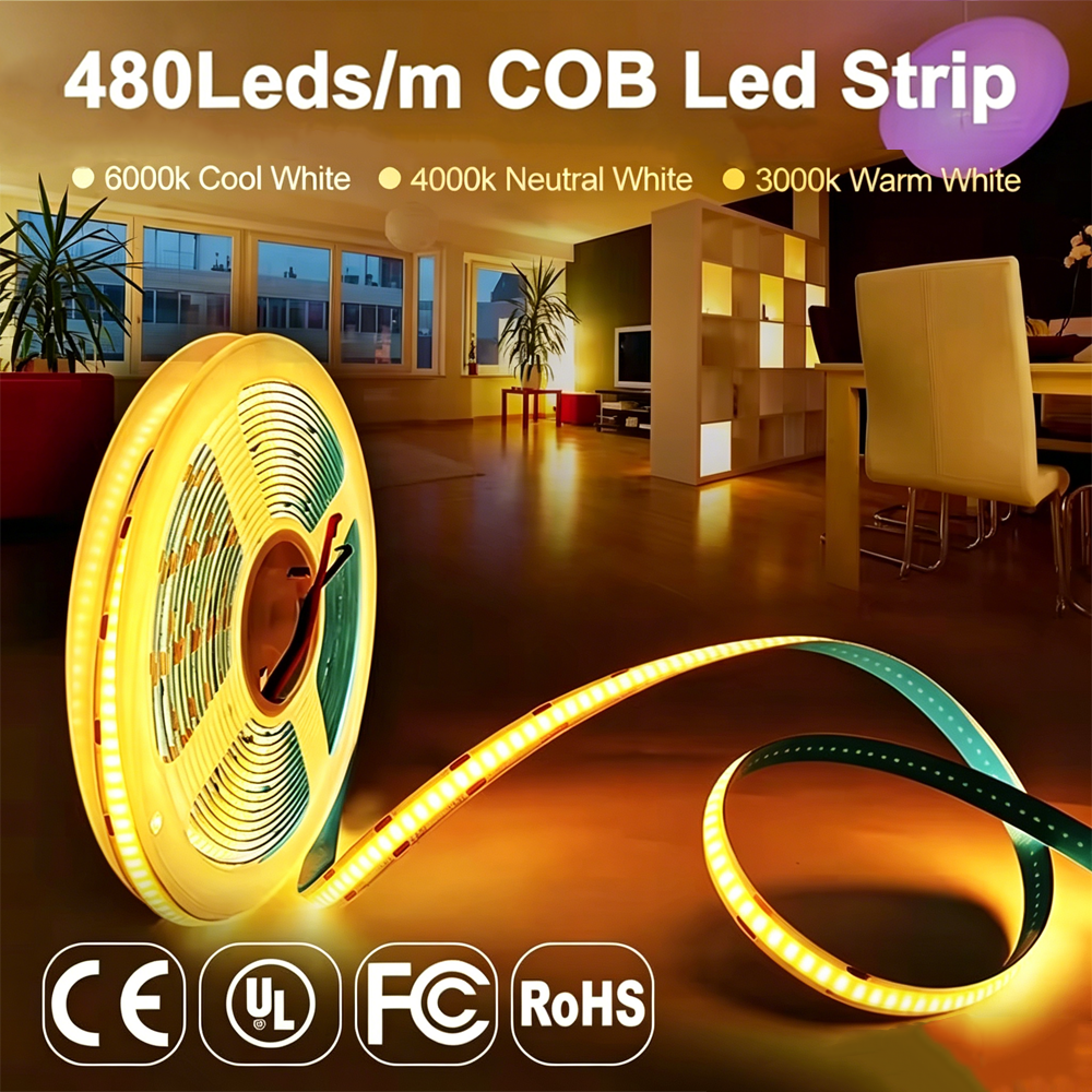 High Brightness COB LED Strip 480 LEDs Ra90 Dimmable Remote Control 2700K 4000K 6000K Flexible Light DC 12V 24V 48V Home