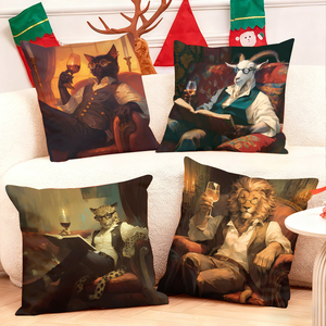 Cojín decorativo para caballero, decoración navideña, leopardo, cabra, león, degustación de vinos y lectura, decoración acogedora para el hogar. - Product Image 1