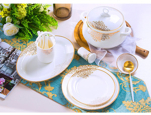 Bộ đồ ăn sứ xương cao cấp khách sạn, gồm đĩa, bát, nồi, màu trắng và vàng, kèm nắp gốm - Product Image 6