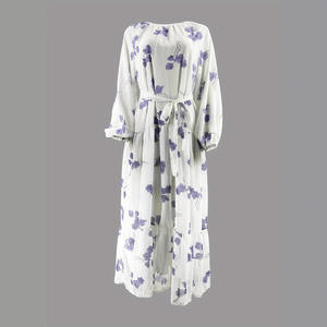 Muslim Summer Prayer Women's Fashionable Elegant Resort Middle East Round Neck <b>Abaya</b> Chiffon Floral with Belt Maxi Dress - Product Image 6