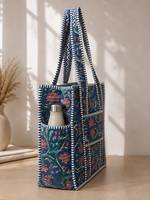 Sac fourre-tout en coton matelassé bleu à fleurs avec fermeture éclair, sac à bandoulière grande capacité réutilisable pour le shopping et les voyages pour femmes