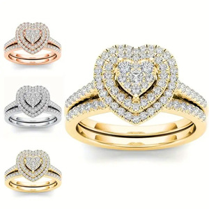 Set di Anelli a Due Pezzi con Cuore e Pavé per Donne, Gioielli Romantici alla Moda - Product Image 2