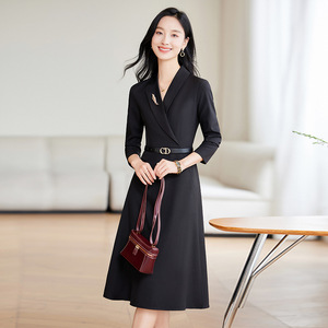 Suit Dress 2024 Autumn Women Elegant Slim Fit Mid Length V Neck Sheath Formal Occasion Solid Color Polyester Dress - Product Image 2