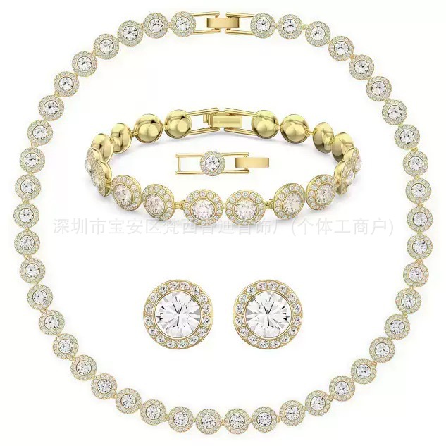 White crystal roman gold-necklace-bracelet-earrings set