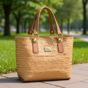 Bolso Tote Casual para Mujer Fana Mabel, Material de Ratán, Gran Capacidad, Parte Superior Abierta, Placa con Logotipo, Uso Diario - Product Image 2