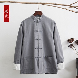 Costume traditionnel <span class=keywords><strong>chinois</strong></span> Tang en coton haut vêtements hommes à manches longues Kung Fu Tai Chi uniforme printemps automne chemise chemisier manteau - Product Image 3