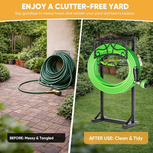 <b>Garden</b> hose holder with storage basket and tool <b>hook</b>. Metal hose rack can hold up to 160 feet of hose. - Product Image 3