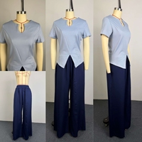 Ensemble élégant décontracté pour femme J491, tenue de printemps, vêtements de rue, chemise à manches courtes à col en V imprimée et pantalon large, ensemble 2 pièces
