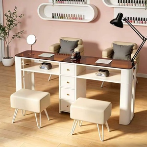Salon Dedicated Glass <b>Nail</b> Desk Beige Style Single Double Person <b>Nail</b> <b>Table</b> & Chair Combo - Product Image 1