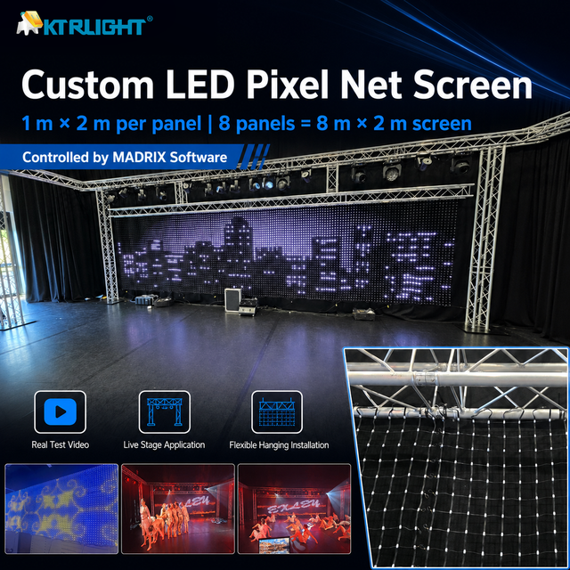 P50 Custom 8m X 2m MADRIX Controlled Screen for UK Stage with Moving Head Lights LED Pixel Net Screen