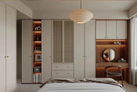 Armoire de chambre à coucher moderne de luxe avec porte en verre cintrée, miroir éclairé et coiffeuse intégrée à LED