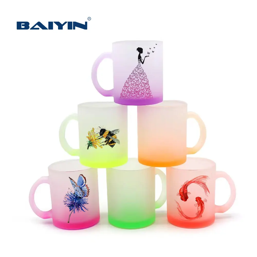 Baiyin Venta caliente lindo 11oz gradiente colorido tazas de vidrio taza de vidrio de sublimación esmerilada con asa