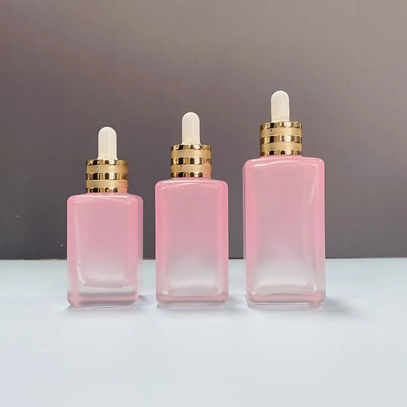 10ml Glass Dropper Bottle 10ml 30ml 50ml 75ml 100ml Luxury Facial Serum Oil Packaging Matte Pink Frosted Square Glass Dropper Bottle