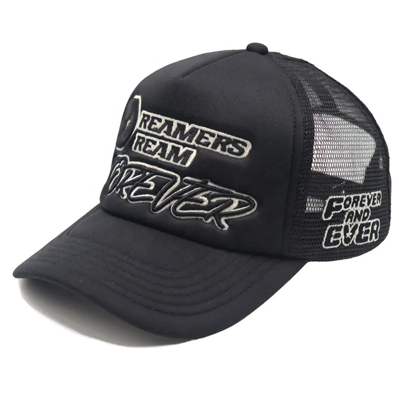 Cappellini per cappelli da camionista in schiuma e rete con ricamo 3D con logo personalizzato nero a 5 pannelli di alta qualità Premium