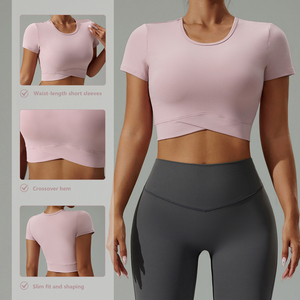 <span class=keywords><strong>T</strong></span>-<span class=keywords><strong>shirt</strong></span> de fitness pour <span class=keywords><strong>femme</strong></span> avec logo personnalisé, crop top sexy à ourlet croisé, respirant, à manches courtes, pour yoga, pilates, course à pied et entraînement en salle de sport - Product Image 4