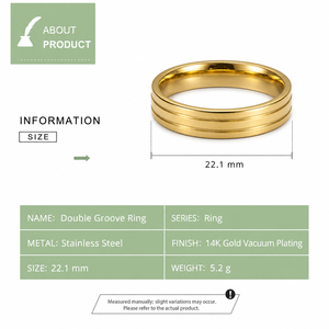 Double Groove <b>Stainless</b> <b>Steel</b> <b>Ring</b> with 14K Gold Vacuum Plating Polished Band in Gold and Silver Colors - Product Image 4