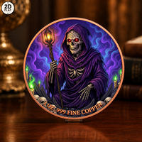 Pièce de monnaie en cuivre pur 999 de 1 oz, imprimée en couleur 2D, avec motif de la Mort avec un chapeau violet, d'un squelette avec une lanterne et de bougies vertes