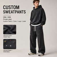 Pantalon de survêtement pour homme en coton lavé, coupe large, taille à cordon, broderie multicolore, style streetwear, vente en gros