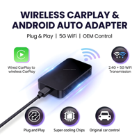 Adaptateur sans fil CarPlay Android Auto 2 en 1 avec logo personnalisé, fabricant en gros, boîte intelligente pour voiture avec double WiFi 5,8 GHz