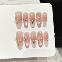 Kuku Akrilik Tempel dengan Desain Bunga 3D Mutiara Rhinestone Bentuk Almond Panjang, Pilihan Logo yang Dapat Disesuaikan untuk Salon Kuku