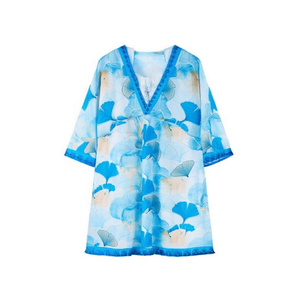 Copricostume da Spiaggia con Motivo a Foglie di Ginkgo, Manica Media, 88x54cm, Abbigliamento Esterno per Costumi da Bagno da Donna - Product Image 1