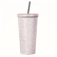 Gobelet isotherme en acier inoxydable avec couvercle et paille, orné de strass et de paillettes, effet diamant