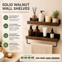 Rak Dinding Logam dan Walnut Hitam Grosir OEM Logo Kustom Set Rak Penyimpanan Kamar Mandi dengan Gantungan Handuk