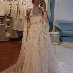 Scz009 robe de soirée de luxe de dubaï avec manches Cape, élégante longue robe de soirée arabe pour femmes, soirée de mariage, 2023