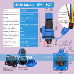 Lehim-ücretsiz IP68 su geçirmez hızlı bağlantı ortak tel bağlayıcı erkek kadın priz ZX20 Square-5P dairesel kablo konnektörleri - Product Image 2