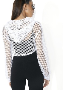 Women White Custom <strong>Fishnet</strong> Cut Out Crop <strong>Top</strong> Pullover Hoodie - Product Image 3