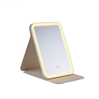Miroir cosmétique de voyage pliable carré argenté avec logo personnalisé, miroir de maquillage portable de table avec lumière LED, loupe personnalisée
