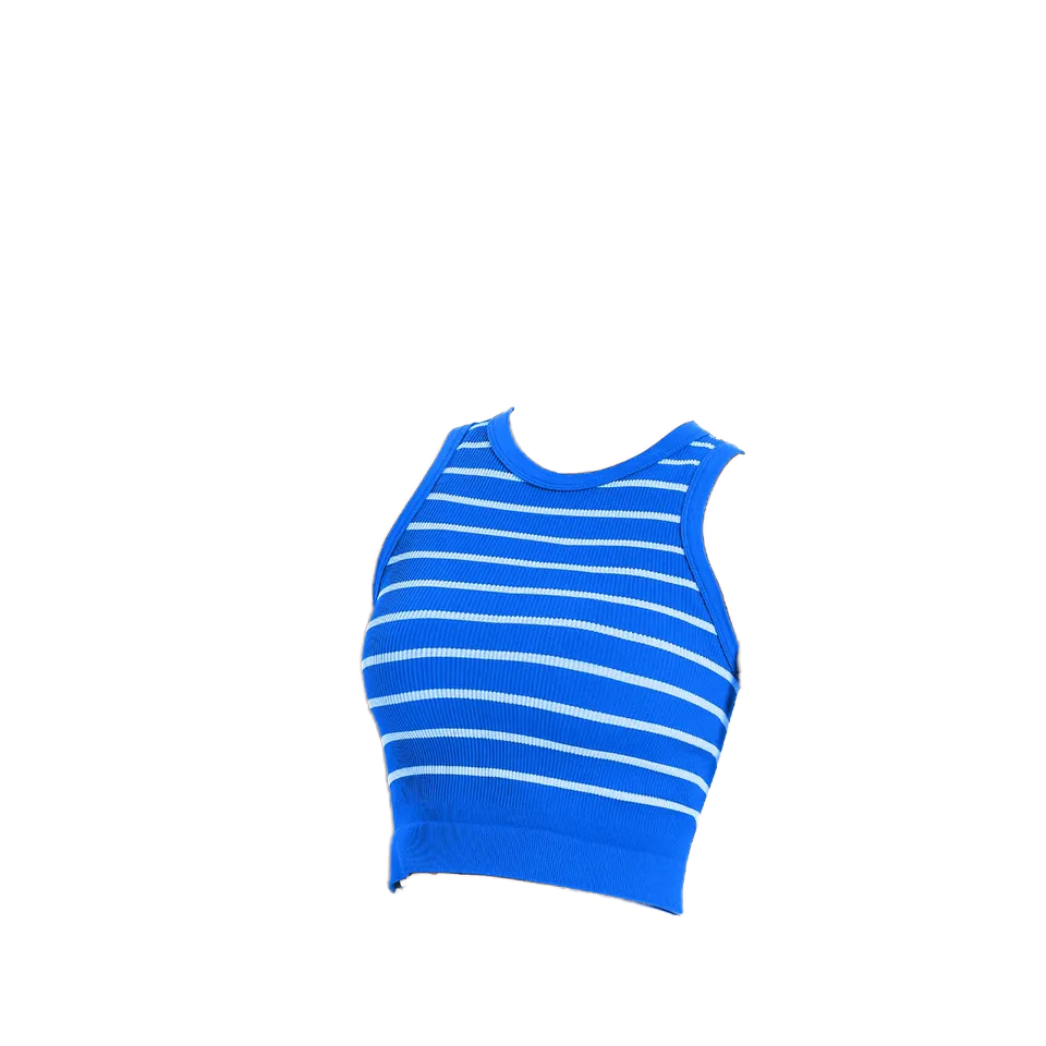 RU Wide-Shouldered Fitness Yoga Quick-Drying Spandex/Nylon Sports Vest for Women Short Sleeveless Striped Slim-Fitting Top