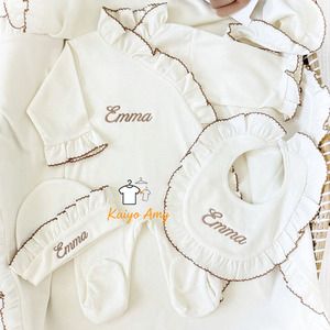 Conjunto de Ropa para Bebé Recién Nacido, Pijama con Ribete de Picot, Blanco, 100% Algodón, Pelele con Volantes, Baberos - Product Image 2