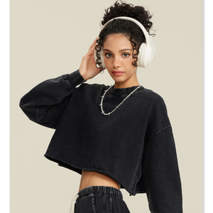 Sudadera Corta de Felpa Francesa Gruesa para Mujer, Teñida en Color Liso, Transpirable, 50% Algodón, 50% Poliéster, Estilo Casual - Product Image 5