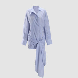 Women's Vertical Striped Tie-Knot Cotton <b>Shirt</b> <b>Dress</b> Single-Breasted Asymmetrical Placket <b>Long</b>-<b>Sleeve</b> Mini <b>Shirt</b> <b>Dress</b> - Product Image 5