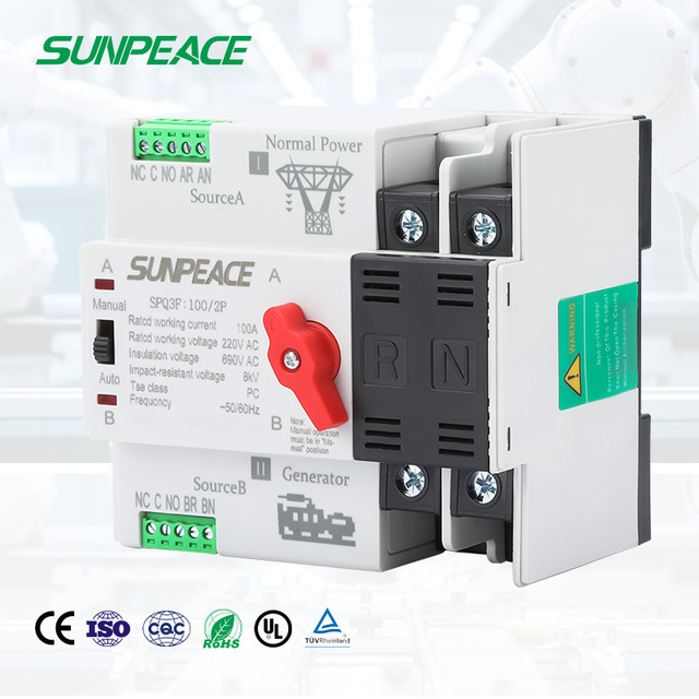 Single-Phase Mini ATS Guide Rail Electrical Circuit Switch Dual Power Automatic Conversion 2P 63A 100A MCB Miniature Made Copper