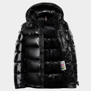 Jaket Puffer pasangan Musim Dingin 2023 Logo khusus bertudung pendek mantel terang hitam jaket Down bebek putih halus